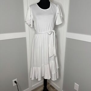 Reb In J White Ruffle Hem Midi Dress‎ Belted Flutter Sleeve | Size M Women's